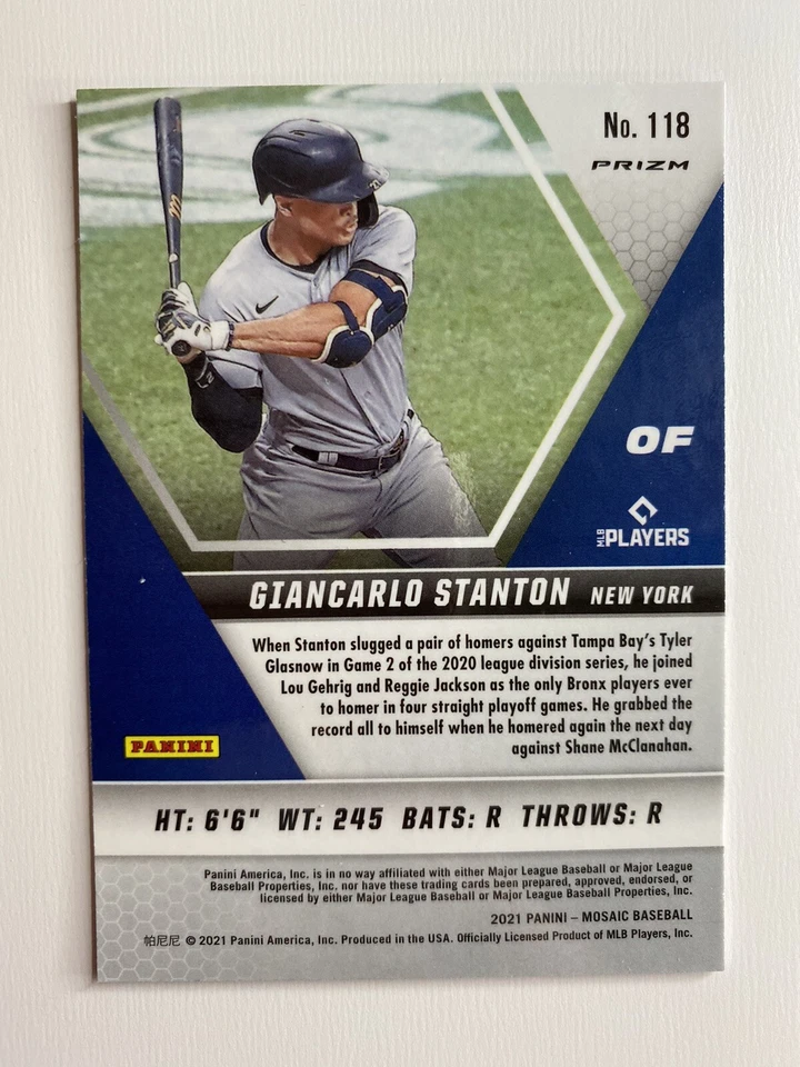 2021 Mosaic Giancarlo Stanton 💎BLUE REACTIVE MOSAIC PRIZM SP No. 118 YANKEES! - Image 2 of 2