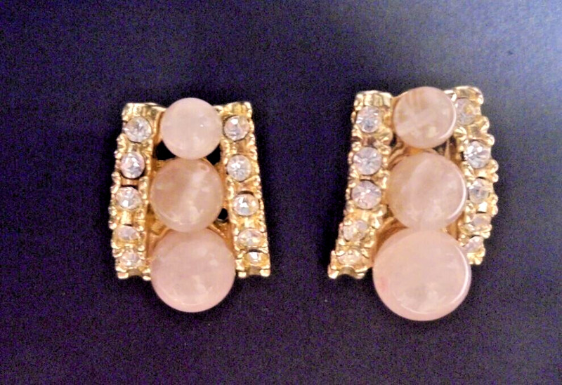 1950's Estate Sale Pink Opalescent Faux Gem Stone W/Crystals Heavy Post Earrings