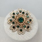 Emerald Green Rhinestones Rivet Prong Set Vintage Dome Brooch Gold Tone Ornate