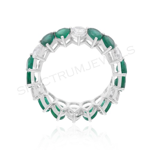 Eternity Ring SI/H Pear Diamond Zambian Emerald 18k Solid White Gold 6.55 Tcw - Picture 4 of 10