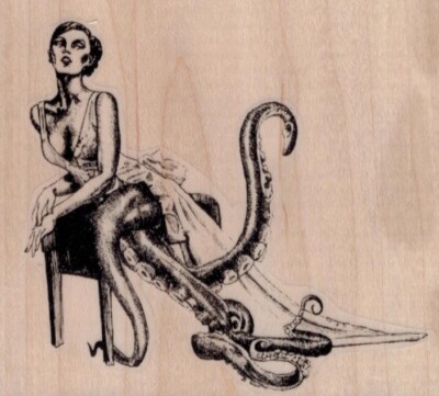 Octopus Lady 3 3/4 x 3 1/4'' Rubber Stamp, Steampunk Stamp, Multi Media