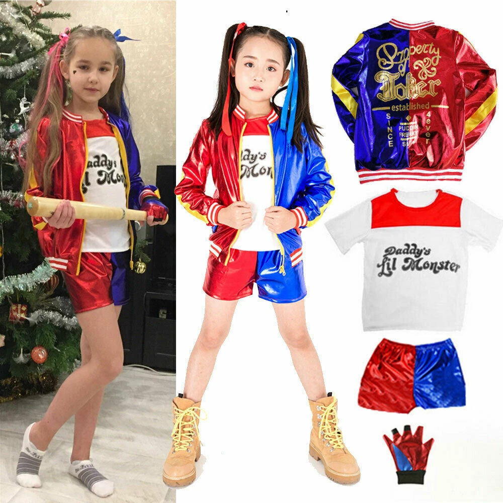 Kids Girls Suicide Squad Harley Quinn Coat Shorts Top Set Halloween COS Costume