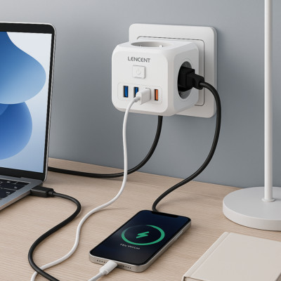 LENCENT 3 Fach Mehrfachsteckdose Steckdosenleiste Würfel mit USB A & Typ-C Ports