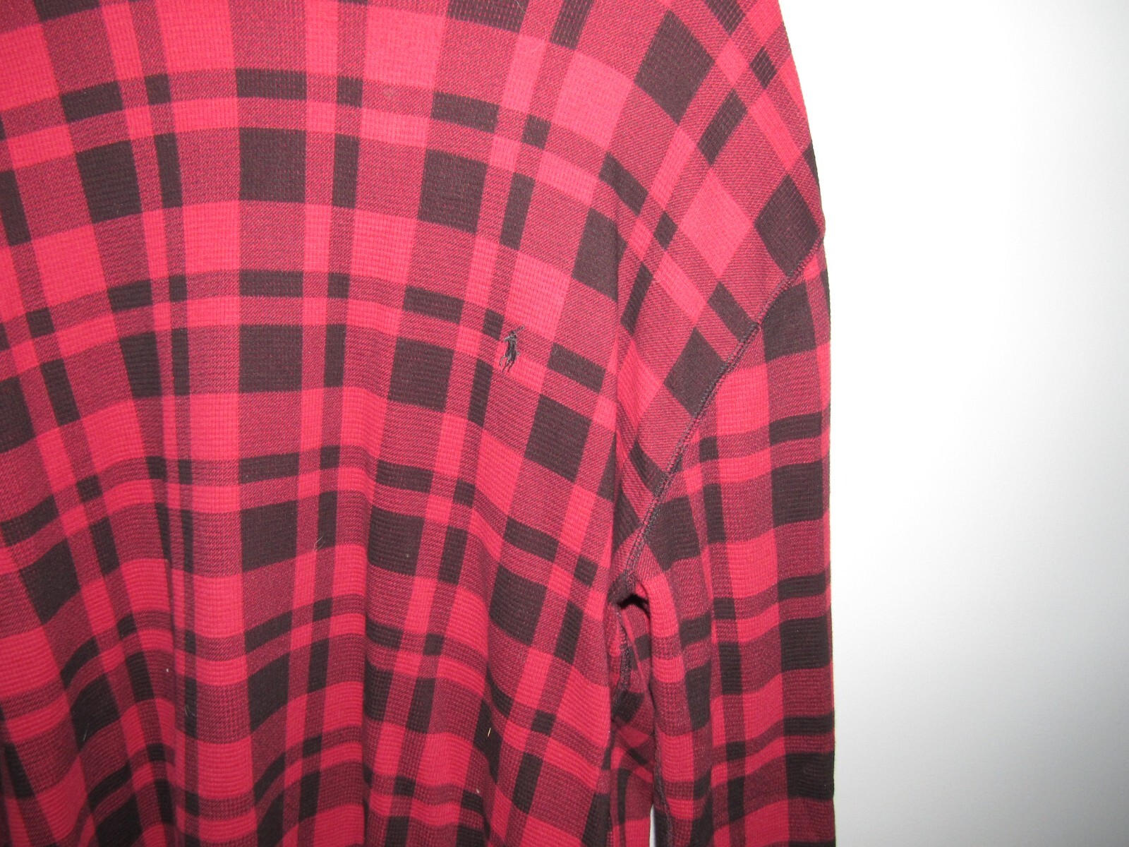 RALPH LAUREN POLO Uomo XL Pullover Waffle Weave Camicia Rosso Nero Plaid Pony L S
