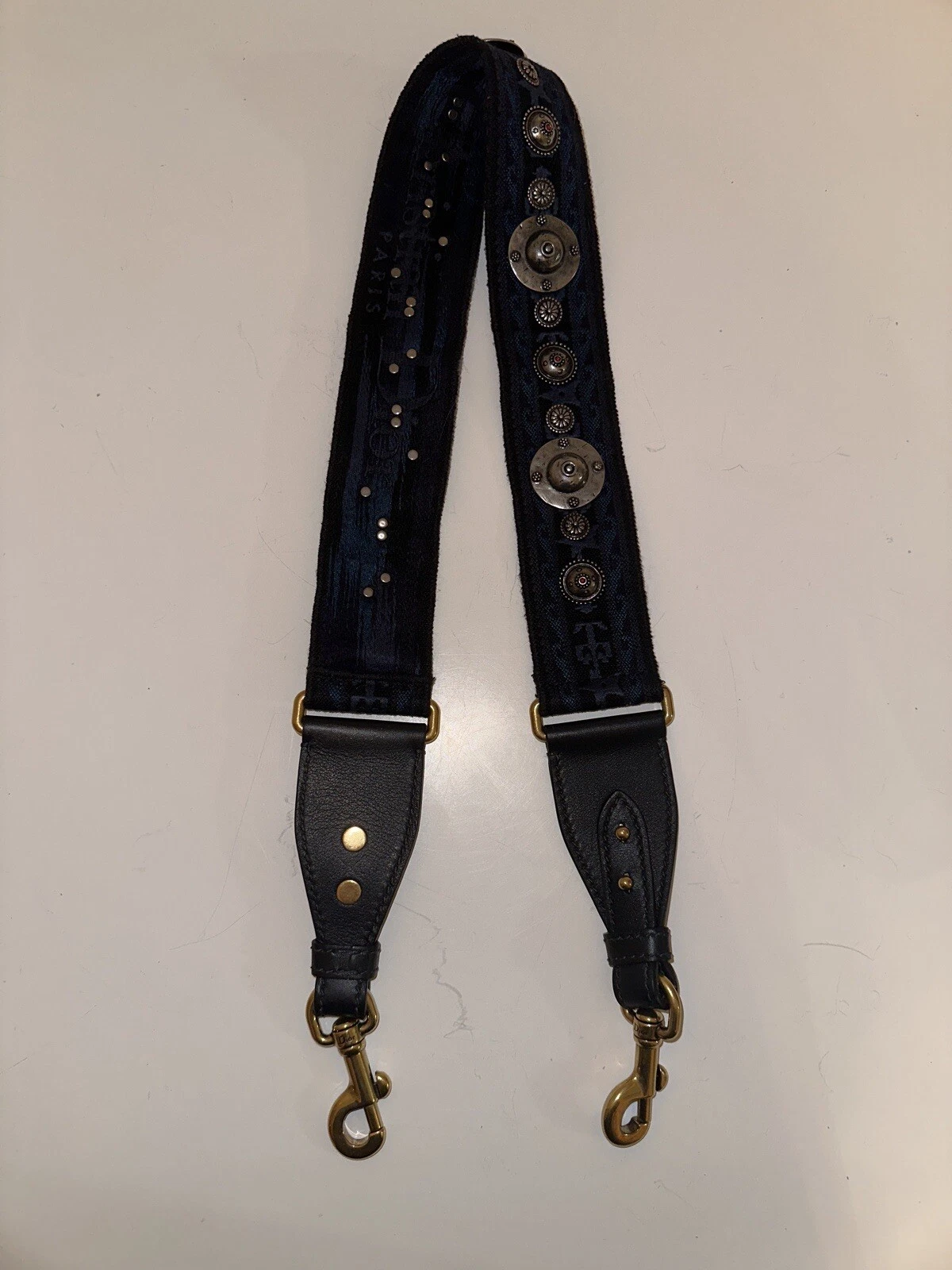 Authentique sangle de sac Christian Dior cloutée brodée bleue