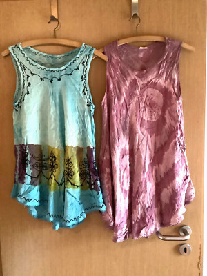 2 Tops Einheitsgröße türkis rosa bunt Damen Shirts Rayon Viskose ungetragen