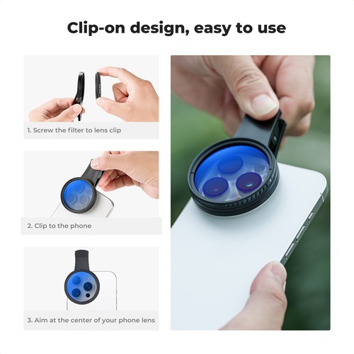 K&F Concept Clip-on 52mm CPL/ND2-400 Filter Set Polarizing for Phone Universal - Picture 20 of 21
