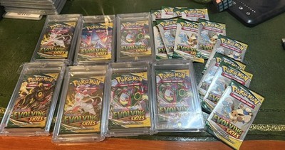 Pokémon Evolving Skies X7 Booster Packs + 12 Fun Packs Brandneu Sealed!!! 