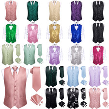Mens Waistcoat Green Blue Gold Black Vest Tie or Bowtie Set Paisley Floral Solid