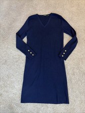 Lauren Ralph Lauren Navy Blue Sweater Ribbed Knit Midi Dress Size XL Gold