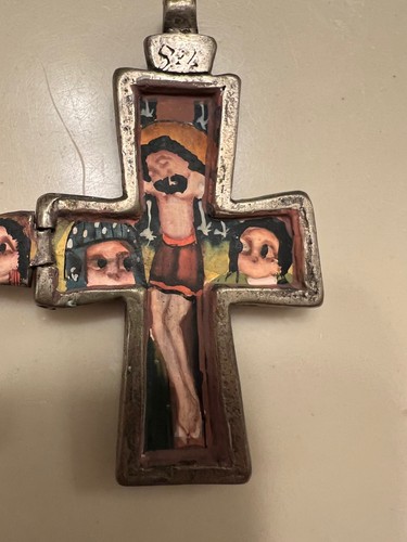 Hand Painted Metal Crucifix Cross Pendant Set Religious Art Multicolor