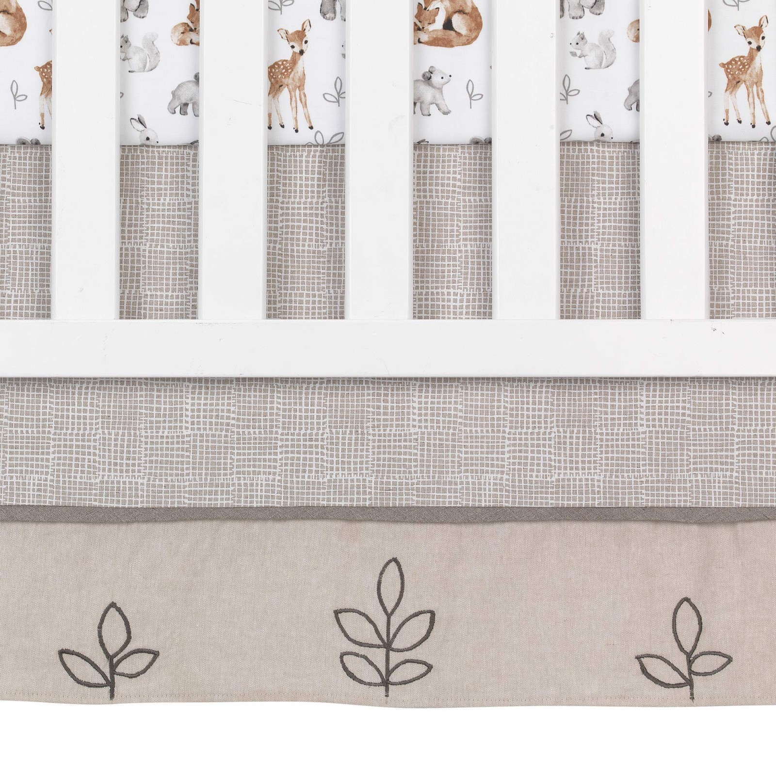 как выглядит 4-Piece Crib Bedding Set - Painted Forest Design in Gray, Beige White - Nurser фото