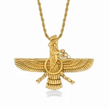 Punk Faravahar Ahura Mazda Zoroastrian Necklace Gold Stainless Steel Jewelry Gif