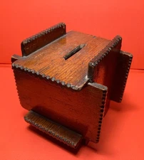 Antique Americana Folk Tramp Art Wood Money Bank Primitive Carved Vintage Artist