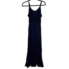 Navy Embroidered Boho Maxi Dress Lace Up Smocked Back Ruffle Hem whimsygoth