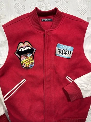 Roku Studio Stoned And Successful Varsity Jacket Red White Mouth Tongue Men’s S video thumbnail