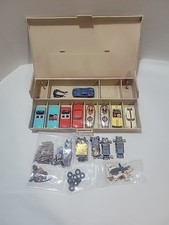 VINTAGE-SLOT CAR LOT-8 CAR BODIES/5 CHASIS/CASE  MISC. PARTS-UNTESTED-FOR PARTS