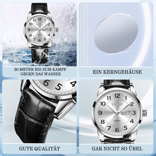 Montre à quartz étanche pour homme avec grand cadran avec jour et date, Cuir ... - Zdjęcie 2 z 6