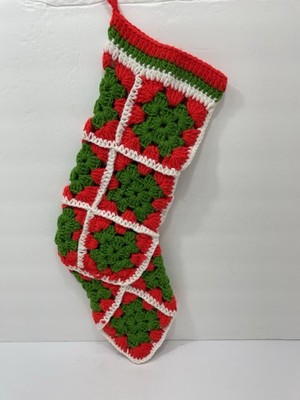 VTG Hand Crocheted Granny Square Christmas Stocking 17  Country Cottage Core 