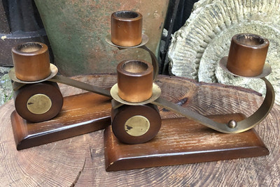 Kerzenleuchter Vintage Paar französischer Art Deco Holz & Messing 5'' hoch Kandelaber