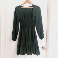 Hesperus Women's Ruched Long Sleeve Peasant Knee Length Midi Dress Olive Green M