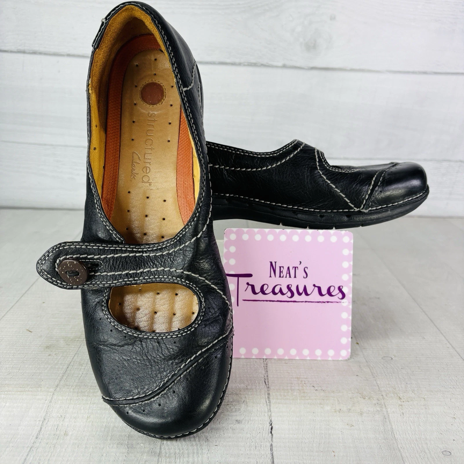 Scarpe mocassini Clarks Unstructured 85173 in pelle nera Mary Jane con punta a cappuccio taglia 9 W