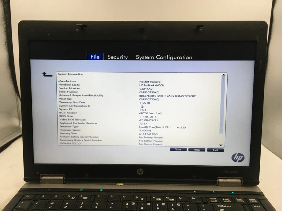 HP PROBOOK 6450B - BOOTS TO BIOS - INTEL I5 M520 - 2GB RAM - READ DESC - BB - Image 2 of 4