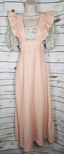 Vtg Young Edwardian Arpeja Seersucker Pinafore Dress Floral Gingham Puff Sleeve