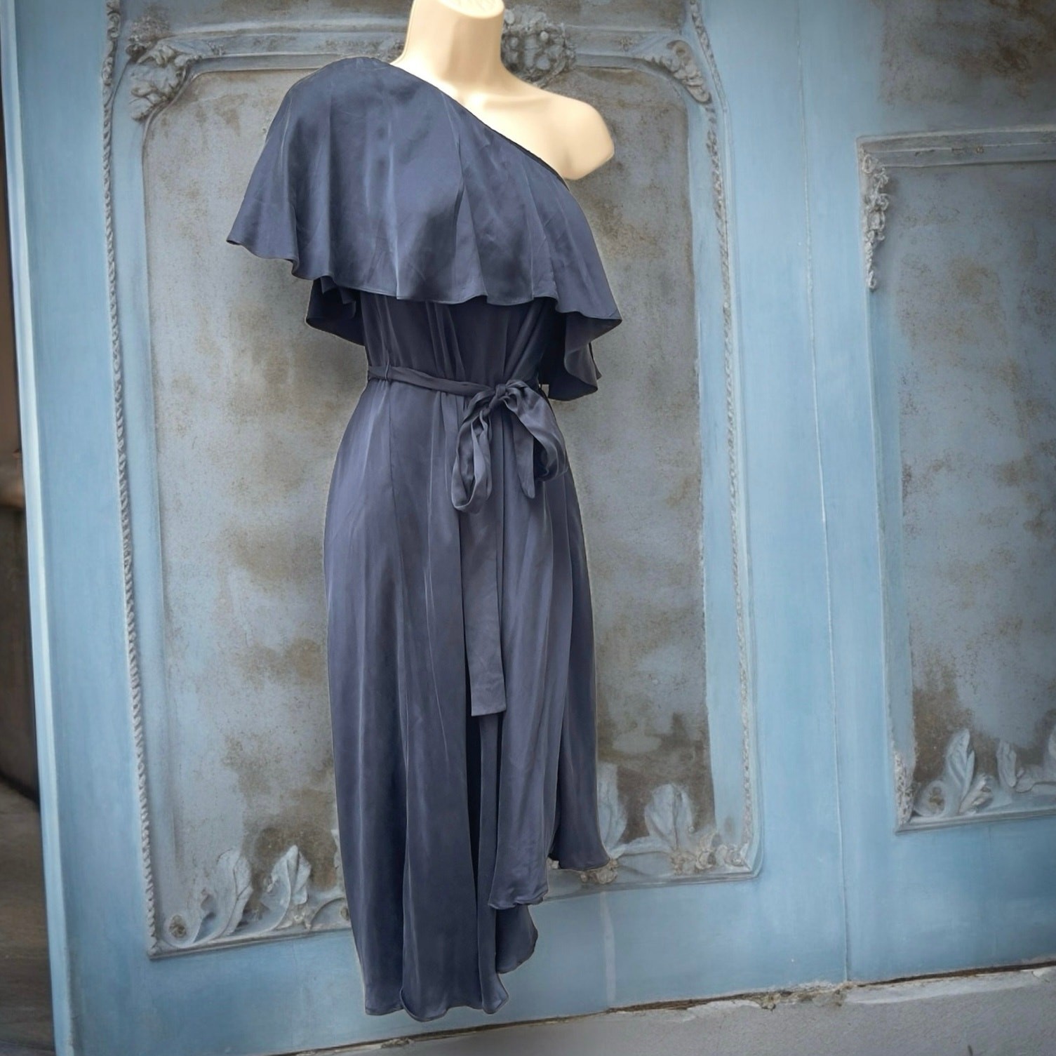 Zimmermann Sueded One Shoulder Midi Navy Dress Asymmetric Hem Waist Tie US 6