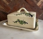 Moriyama Japan Hand-Painted Lime Green Blossom Crackle Glaze Butter Dish Vtg