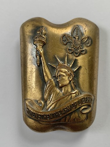 Vintage BSA STRENGTHEN THE ARM OF LIBERTY Boy Scouts NECKERCHIEF SLIDE Lady