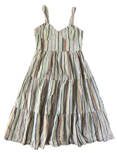 Lucky Brand Linen Cotton Ivory Green Yellow Pink Stripe Midi Tank Sun Dress S