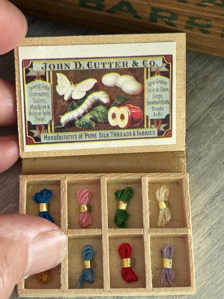 Dollhouse Miniature Wooden Cutter & Co Silk Thread Box with Thread B ...