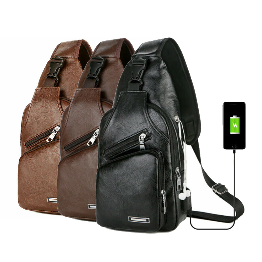 Mens Sling Chest Bag PU Leather Cross Body Fanny Packs USB Charging Backpack US