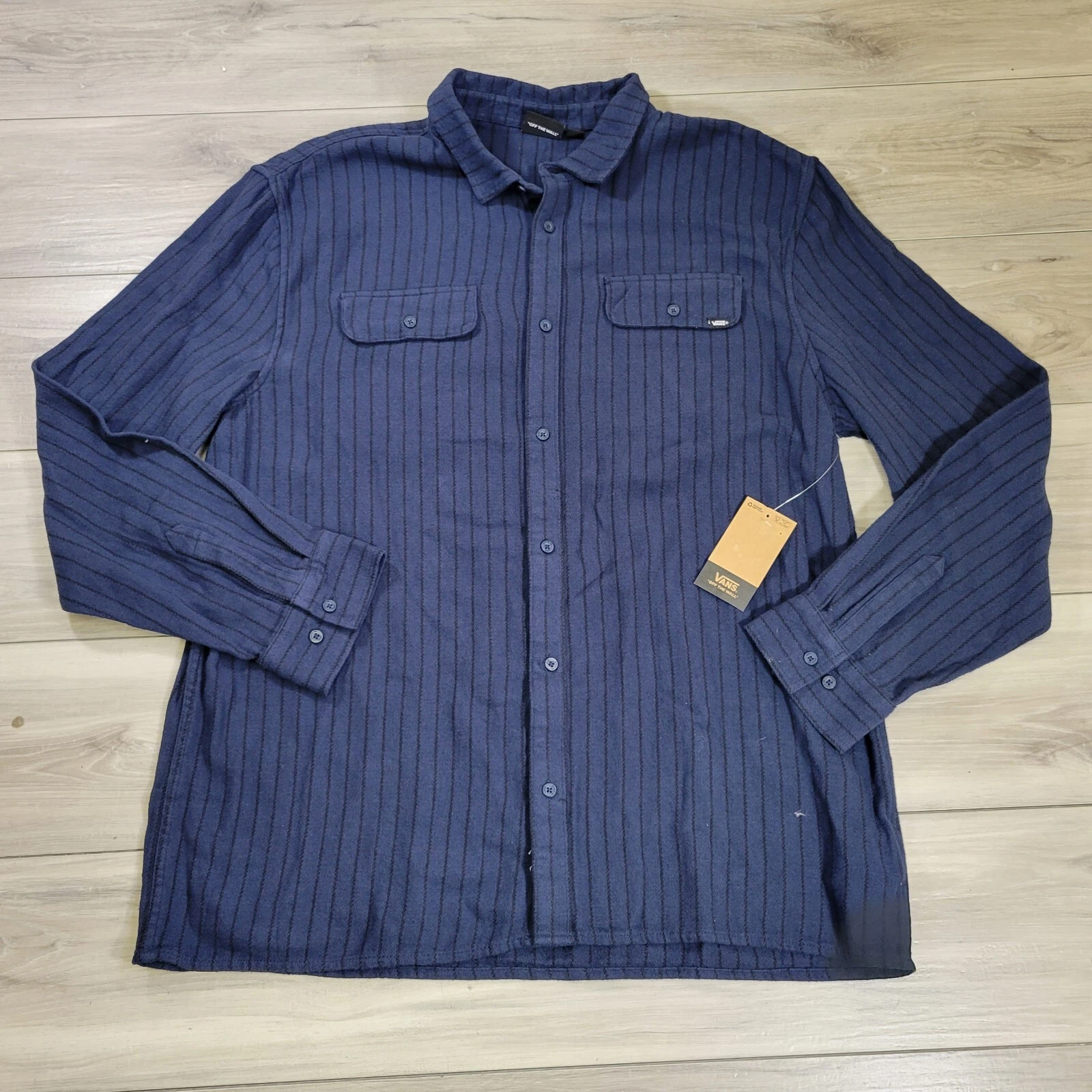 Vans Shirt Men's 2XL Blue Striped Flannel Long Sleeve Button Down New