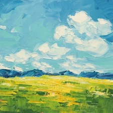 Landscape Oil Painting Cloud Painting Original Blue Sky Yellow Meadow Decor 6x6