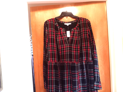 LOFT XL Red Black Green Plaid Dress Tiered Shift Dress Vee Neck NWT $89 Knee - Picture 10 of 16