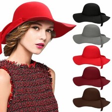 Vintage Women Wide Brim Floppy Warm Wool Felt Bowler Fedora Hat Floppy Beach New