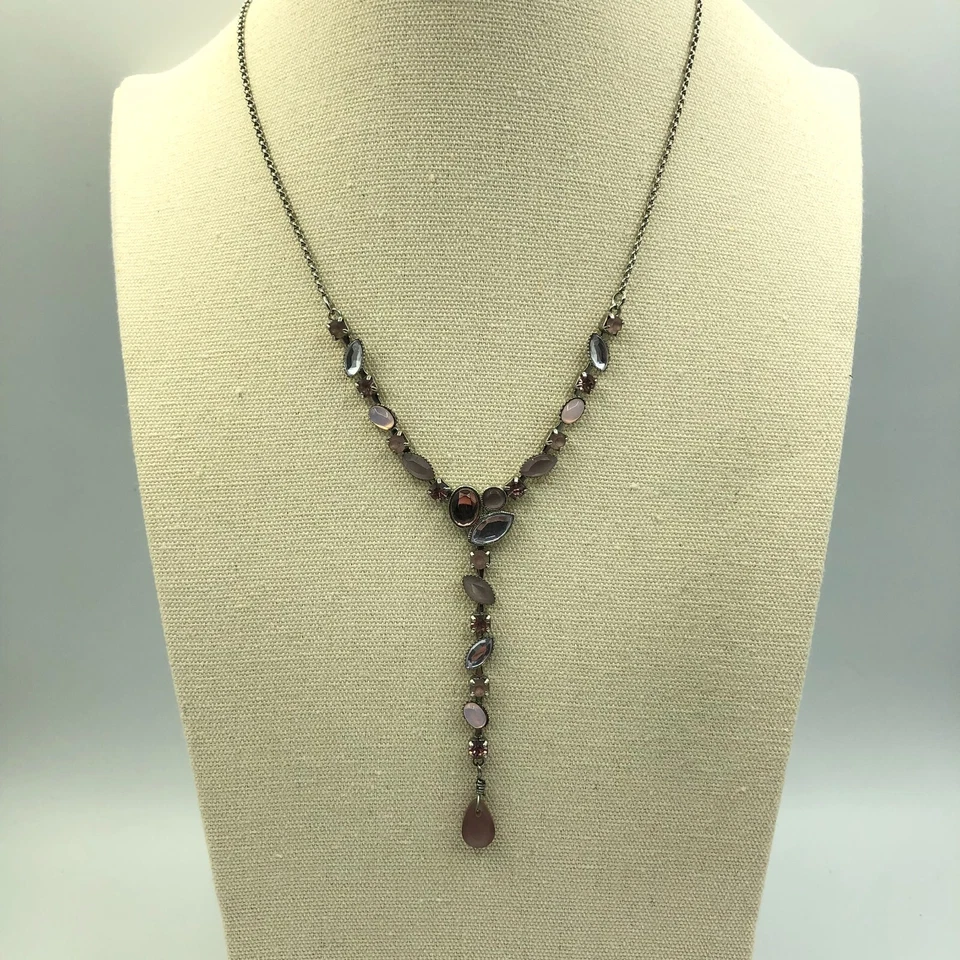 NEXT Y-Drop Necklace Retro Silver Tone, Lilac & Pink Floral Christmas Boho - Image 4 of 4