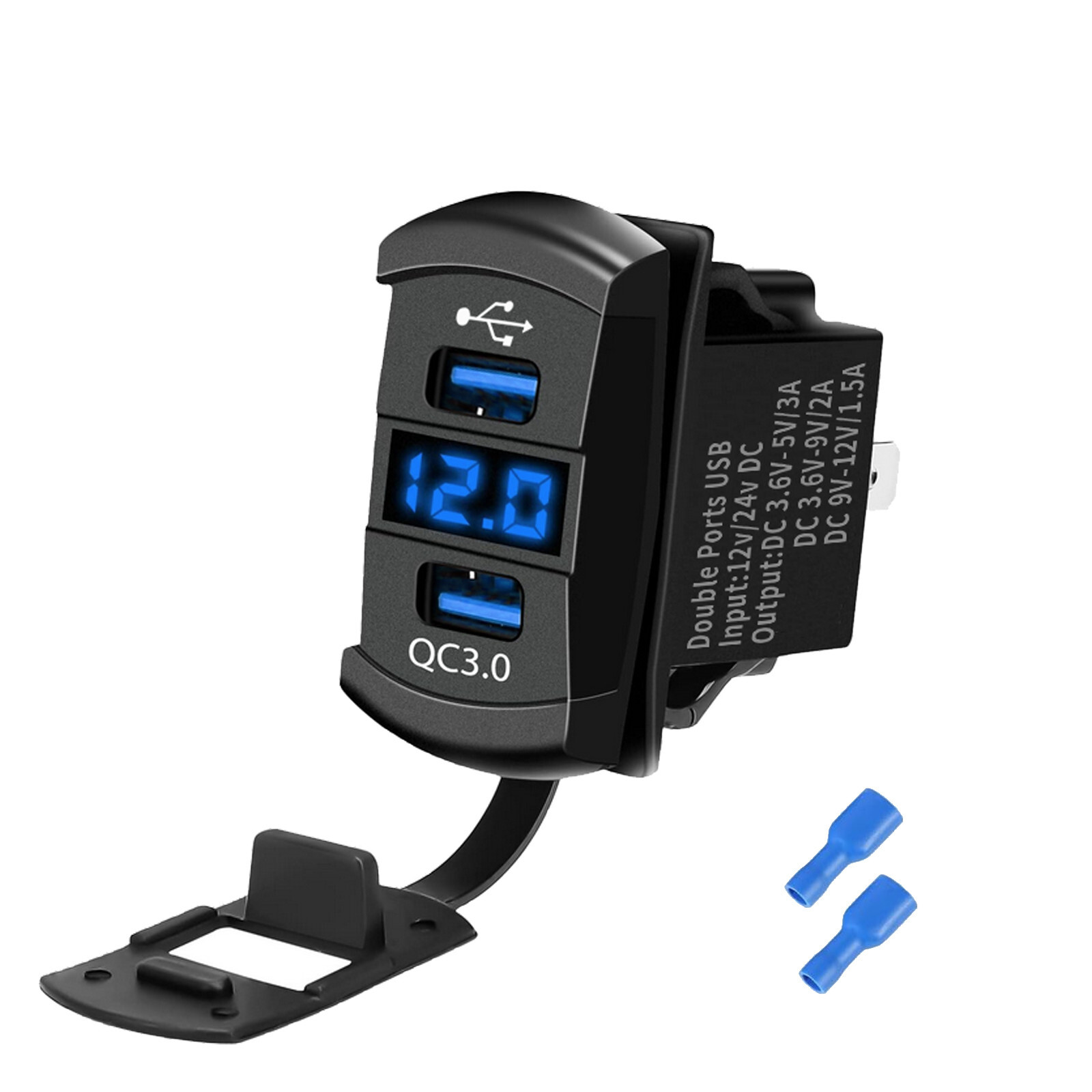 Blue LED Dual USB & Voltmeter 12V Car Rocker Switch Fast Charger Socket