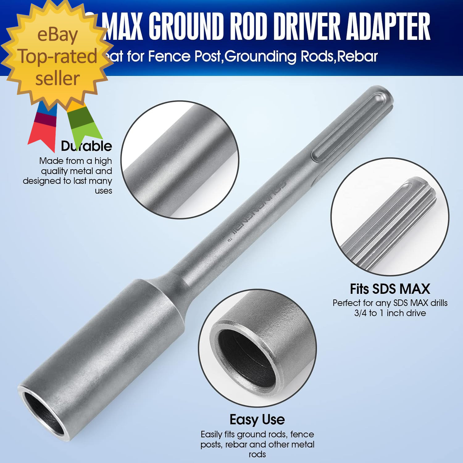 1" SDS Max Ground Rod Driver Adapter-Great for Fence Post,Grounding Rods,Rebar