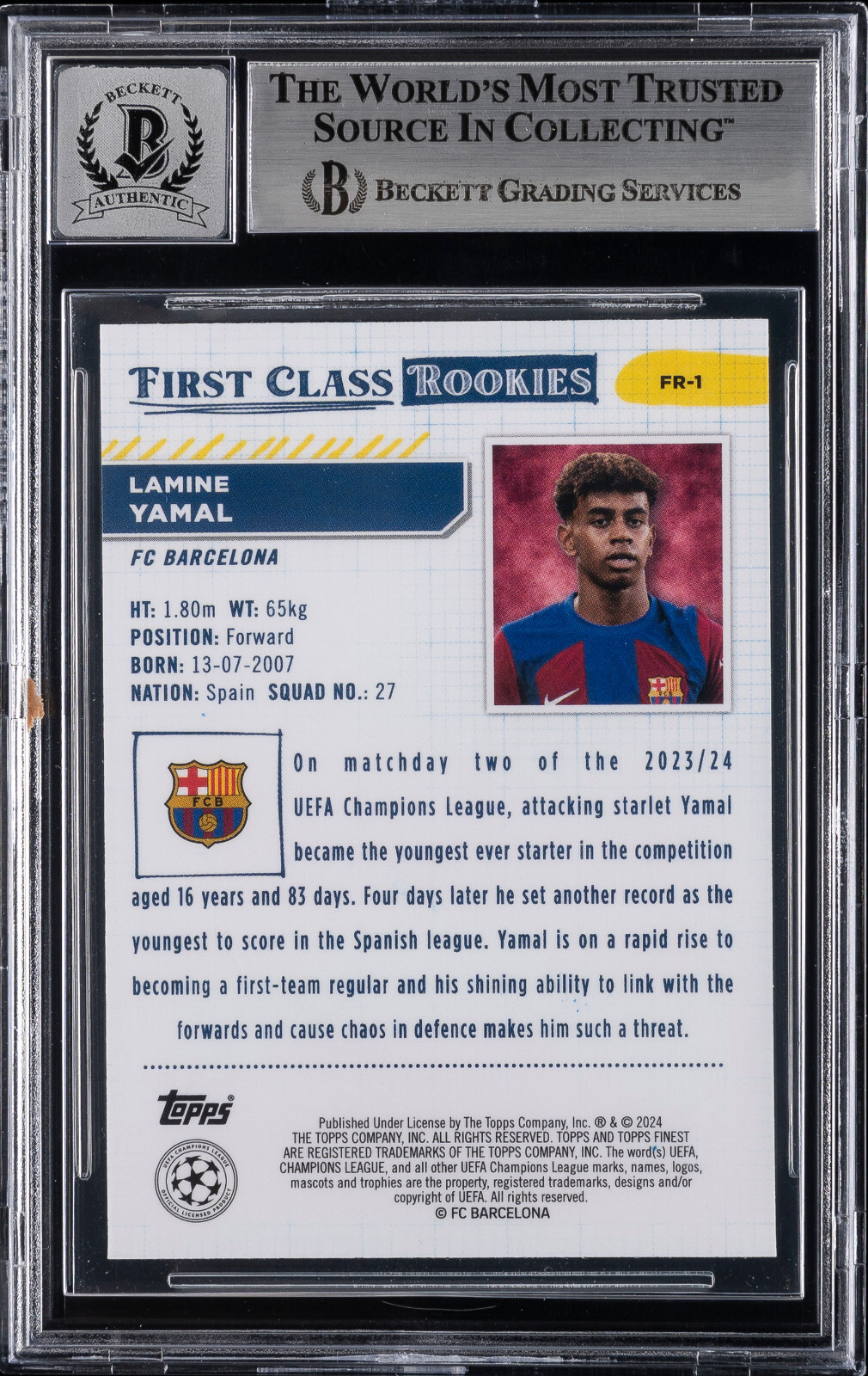 2023-24 Topps Finest UCC First Class Rookies Lamine Yamal RC #FR1 BAS Auto 10 view 4