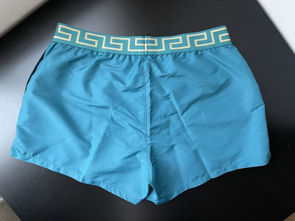 NWT Versace Mens Greca Border Swim Trunks Shorts Teal Blue Green Size 6 Large - Image 3 of 4