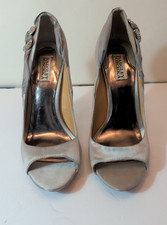 Badgley Mischka Womens Silver Crystal Embellished Fabric Peep Toe Heels Sz 10