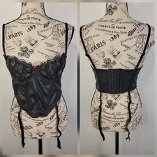 Savage X Fenty Corset Top Sz Medium Faux Leather Black Garters Coquette Fairy