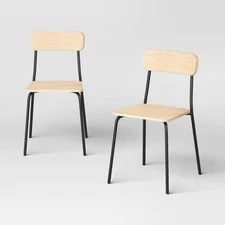 Set of 2 Wood with Metal Base Dining Chair Natural - Room