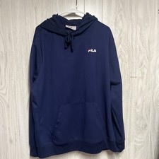 FILA Hoodie Mens Extra Large Navy Blue Pullover Sweatshirt Kangaroo Pocket Logo