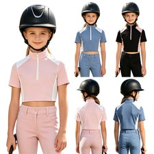 Kids Girls Shirt Short Sleeve Crop Top Hiking Equestrian Workout Sport Top