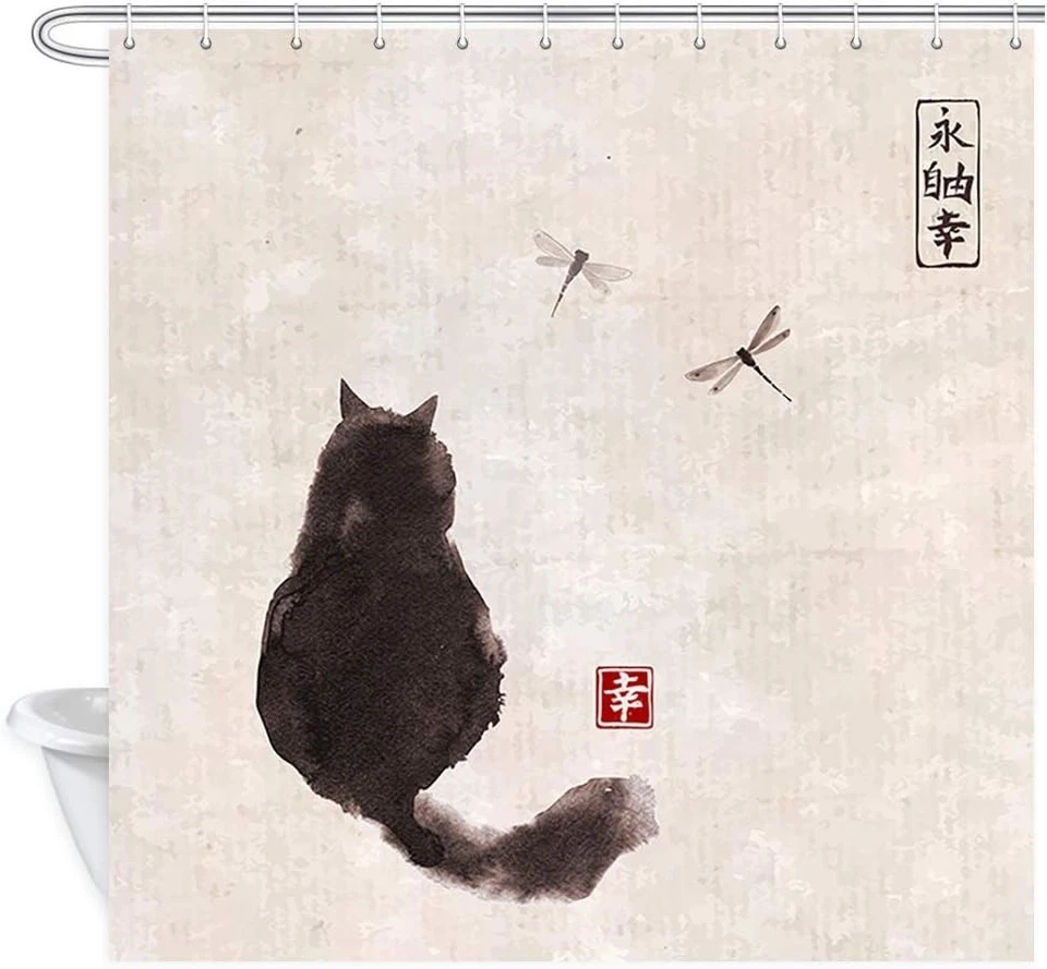 Elegante Cortina de Ducha Japonesa Impermeable para Gato - Completa con Ganchos, 72x72 pulgadas Foto 4 de 4