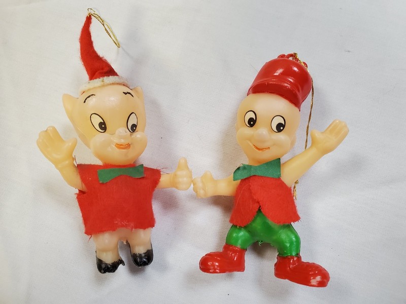 VTG Plastic Elmer Fudd & Porky Pig Christmas Ornaments (327)